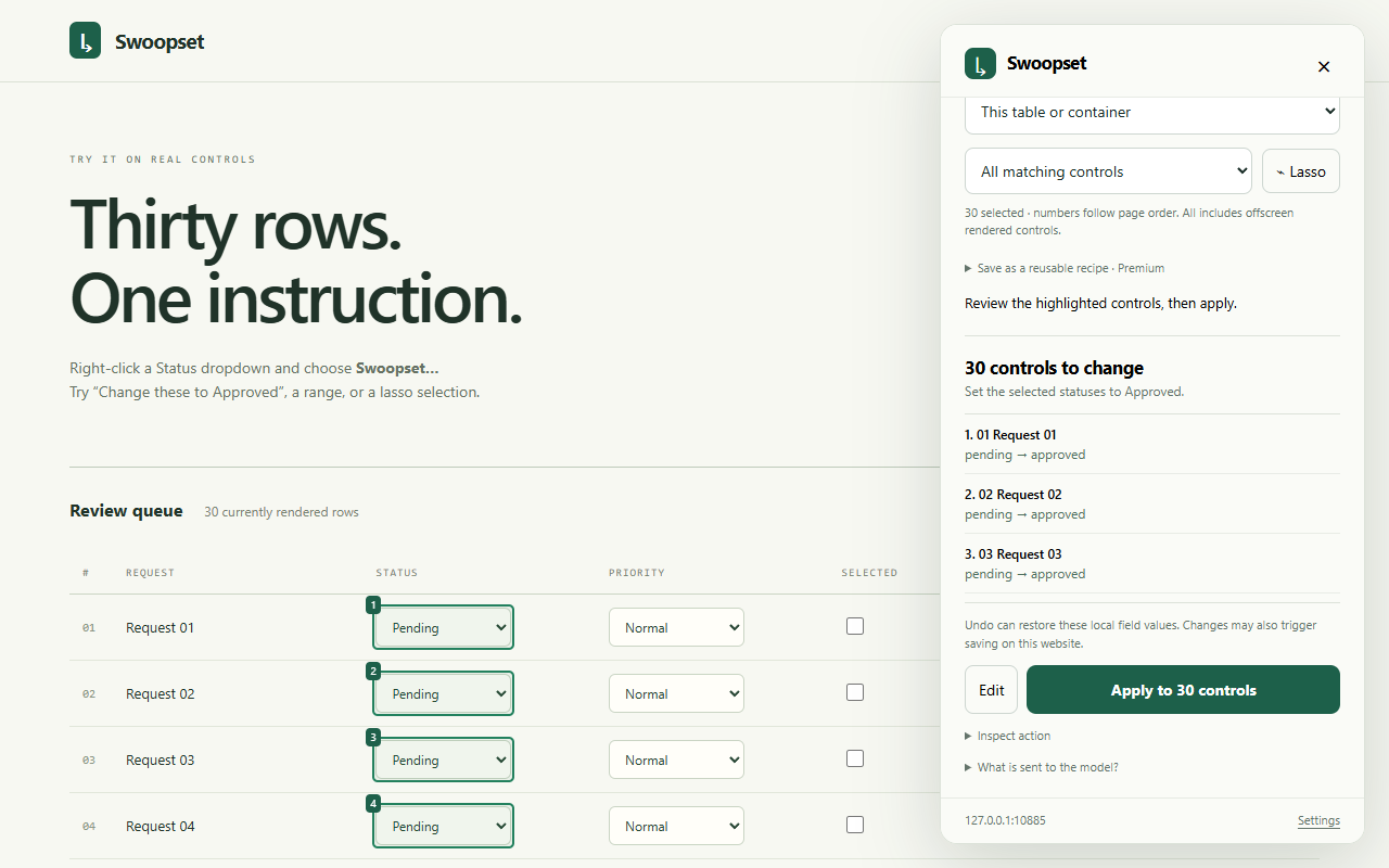 Swoopset showing a preview of selected Status fields changing to Approved